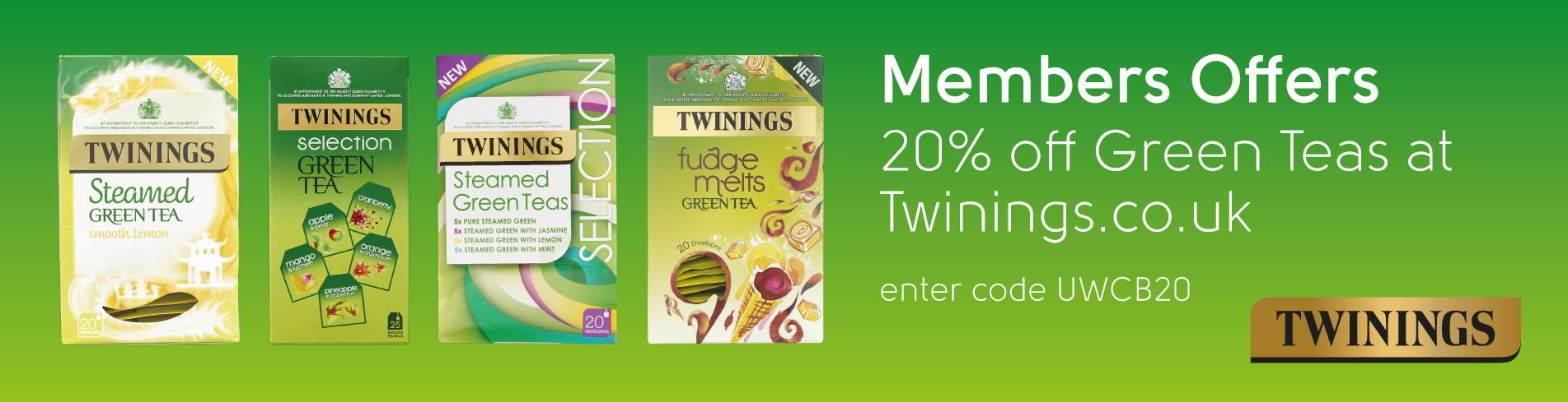 Twinings UWCB members offer. 20% off green teas at twinings.co.uk using code UWCB20